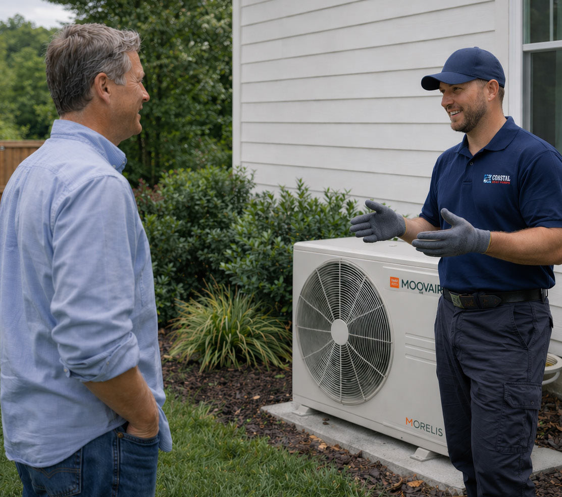 A Coastal Heat Pump service person talking to a customer