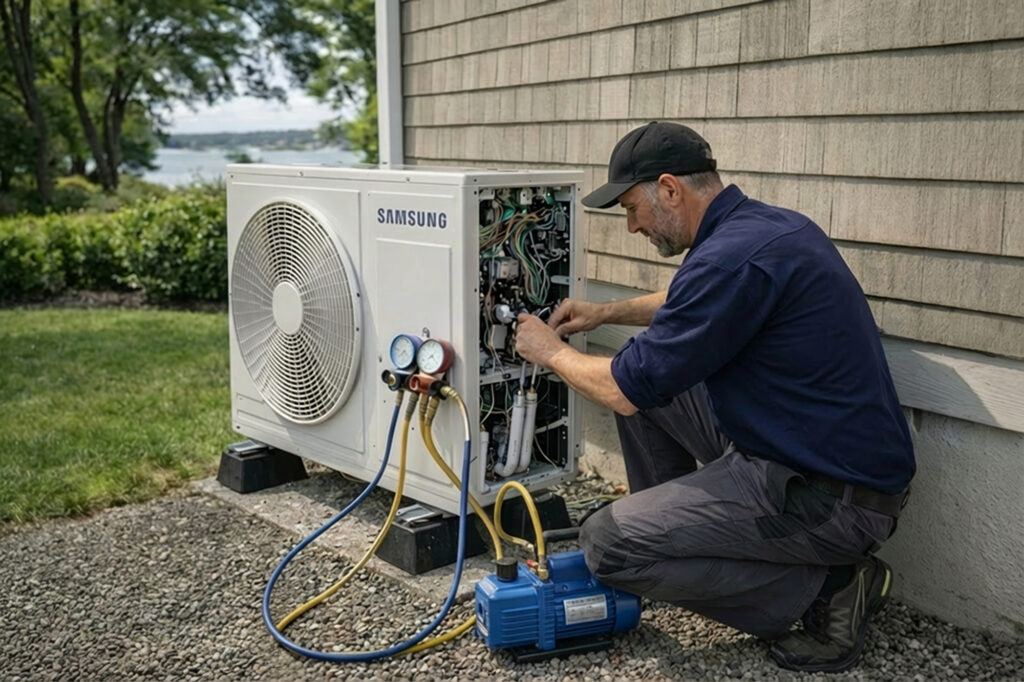 HVAC technician working on a heat pump