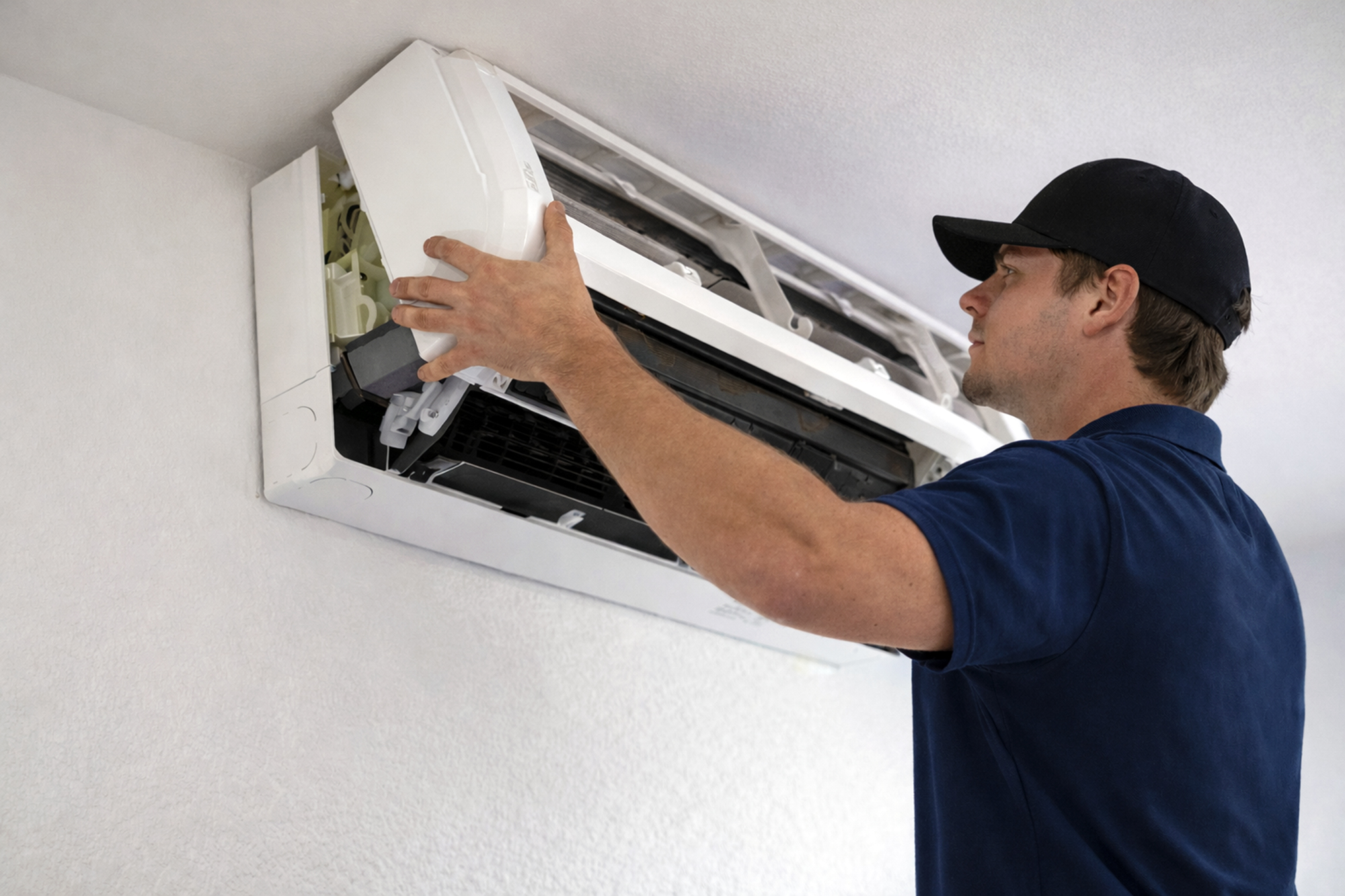 Heat pump HVAC technician doing maintenance