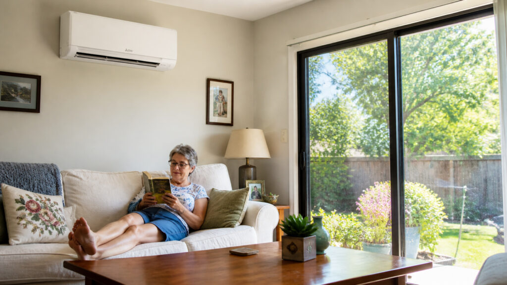 heat pump on wall woman reading in living room